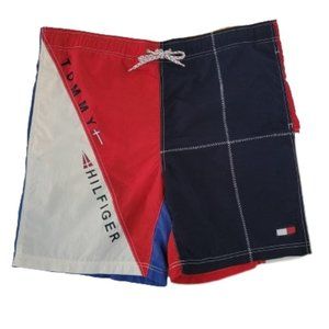 Tommy Hilfiger Swim Trunks Red White Blue Colorblock Lined Drawstring Large